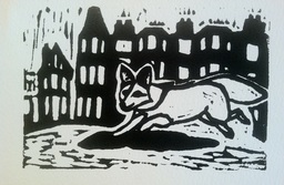 Oil ink block print of urban fox, black and white